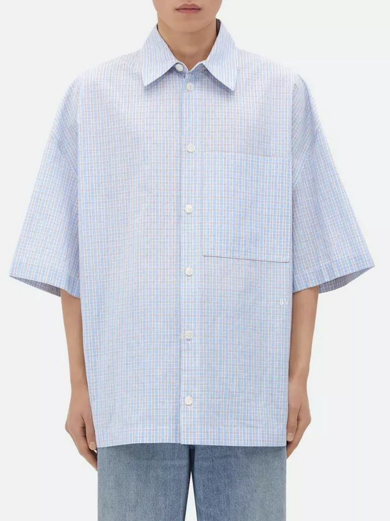 BOTTEGA VENETA BV EMBROIDERED CHECK OVERSHIRT LIGHT BLUE