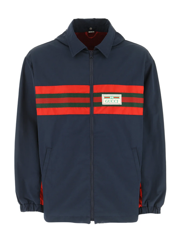 GUCCI STRIPED PATCH LOGO HOODED TECH JACKET NAVY