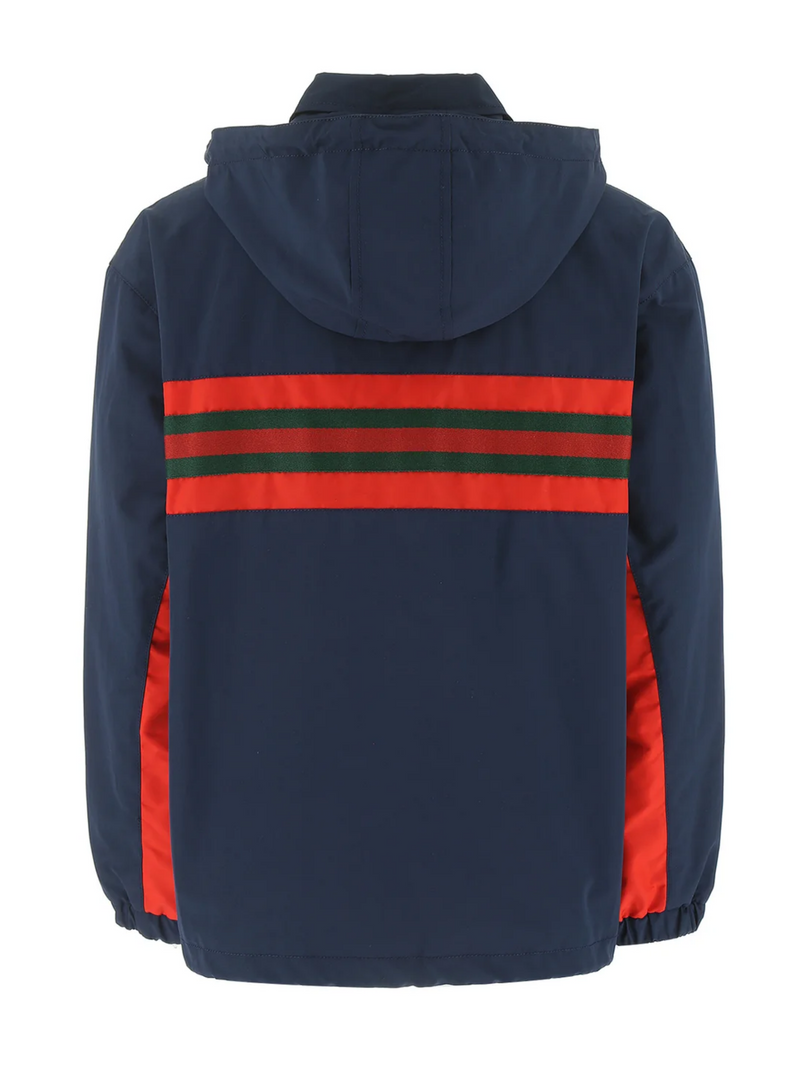 GUCCI STRIPED PATCH LOGO HOODED TECH JACKET NAVY