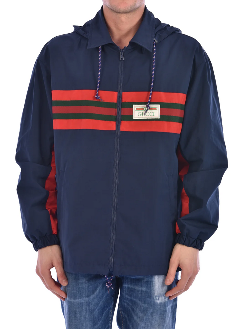 GUCCI STRIPED PATCH LOGO HOODED TECH JACKET NAVY