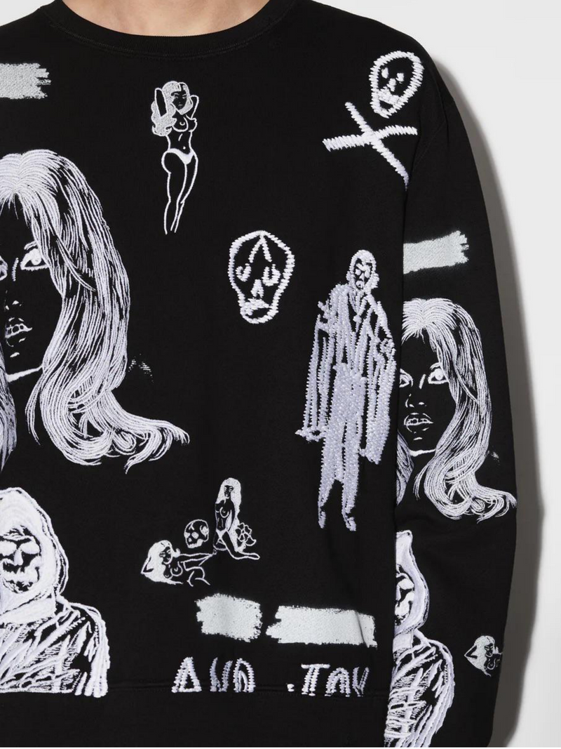 AMIRI X WES LANG EMBROIDERED CREW NECK SWEATSHIRT BLACK