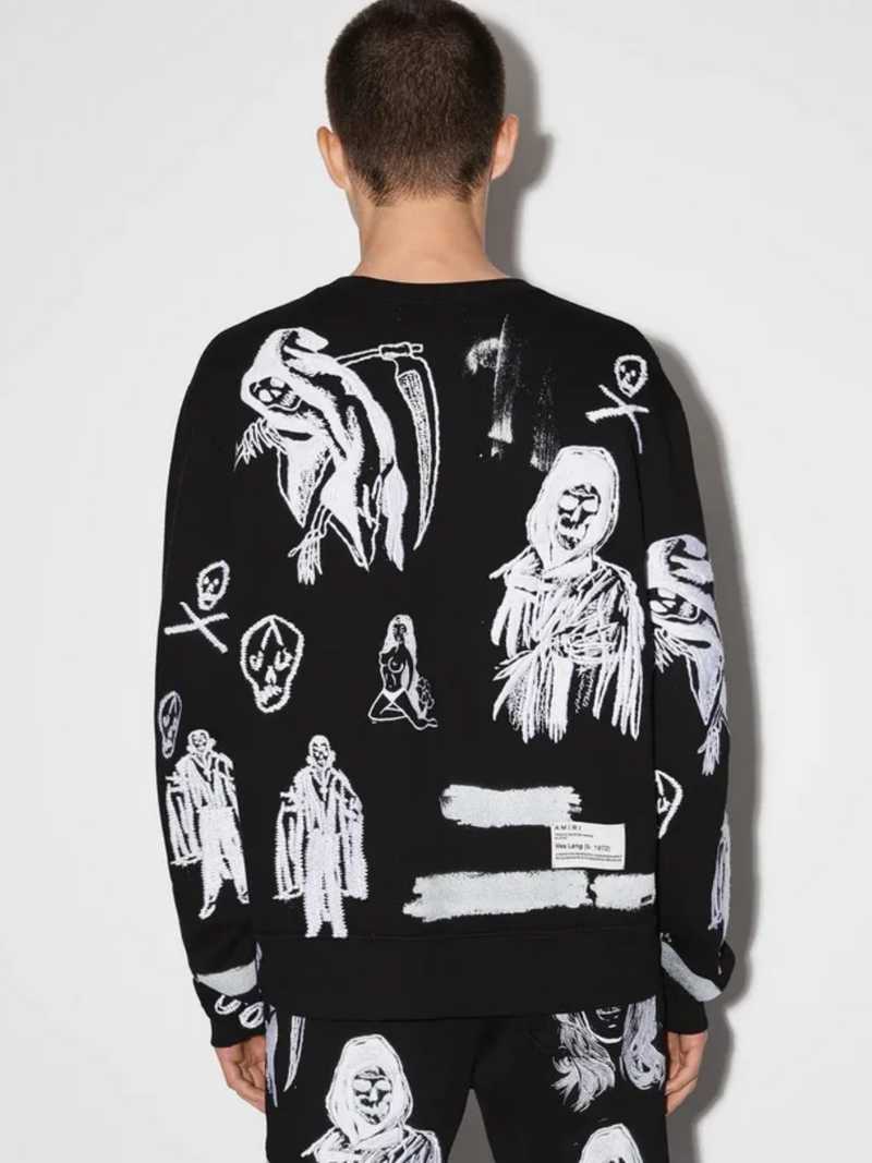 AMIRI X WES LANG EMBROIDERED CREW NECK SWEATSHIRT BLACK